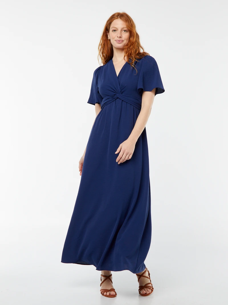 Long dress with crossed and tied collar-blue